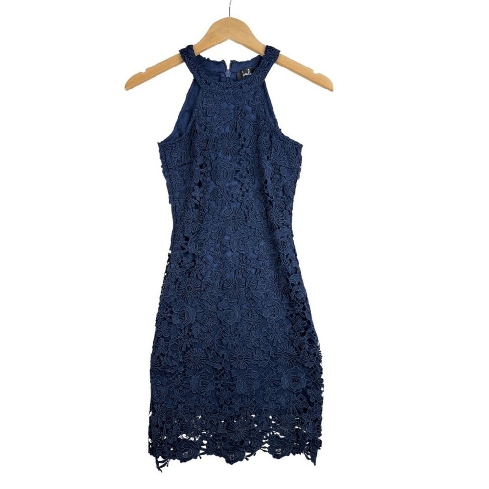 Lulus Womens Love Poem Navy Blue Lace Mini Dress Size XS Floral Sheath